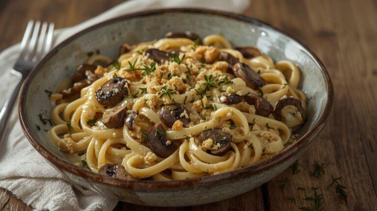 Cheesy Mushroom Pasta with Breadcrumbs and Thyme