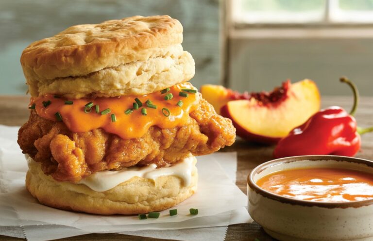 A realistic, high-resolution food photograph of a Southern-style buttermilk chicken biscuit sandwich. The biscuit is golden-brown, flaky, and buttery, with visible layers and a slightly crisp top. Inside the sandwich is a thick, crispy fried chicken thigh coated in a buttermilk batter, perfectly browned and textured. Dripping over the chicken is a glossy, vibrant orange habanero peach hot sauce—sticky, slightly thick, and glistening with light reflections. The sandwich sits on a rustic wooden table with warm, natural lighting. Around it are garnishes: fresh peach slices, bright orange habanero peppers, and a small dipping bowl of the hot sauce. The mood is warm, inviting, and appetizing, resembling editorial food photography for a high-end Southern restaurant.