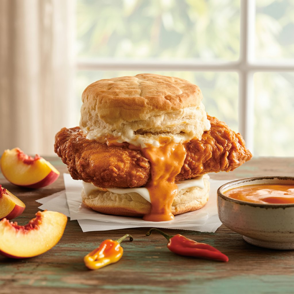 A realistic, high-resolution food photograph of a Southern-style buttermilk chicken biscuit sandwich. The biscuit is golden-brown, flaky, and buttery, with visible layers and a slightly crisp top. Inside the sandwich is a thick, crispy fried chicken thigh coated in a buttermilk batter, perfectly browned and textured. Dripping over the chicken is a glossy, vibrant orange habanero peach hot sauce—sticky, slightly thick, and glistening with light reflections. The sandwich sits on a rustic wooden table with warm, natural lighting. Around it are garnishes: fresh peach slices, bright orange habanero peppers, and a small dipping bowl of the hot sauce. The mood is warm, inviting, and appetizing, resembling editorial food photography for a high-end Southern restaurant.